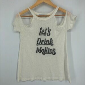 Daydreamer Womens Top Size‎ S White Lets Drink Mojitos Sheer Cold Shoulder Vacay